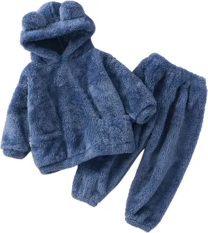 2-Piece Kids Baby Bear Ear Fuzzy Fluffy Hoodie Sweatshirt with Fleece Sweatpants Infant Toddler Cute Winter Snowsuit