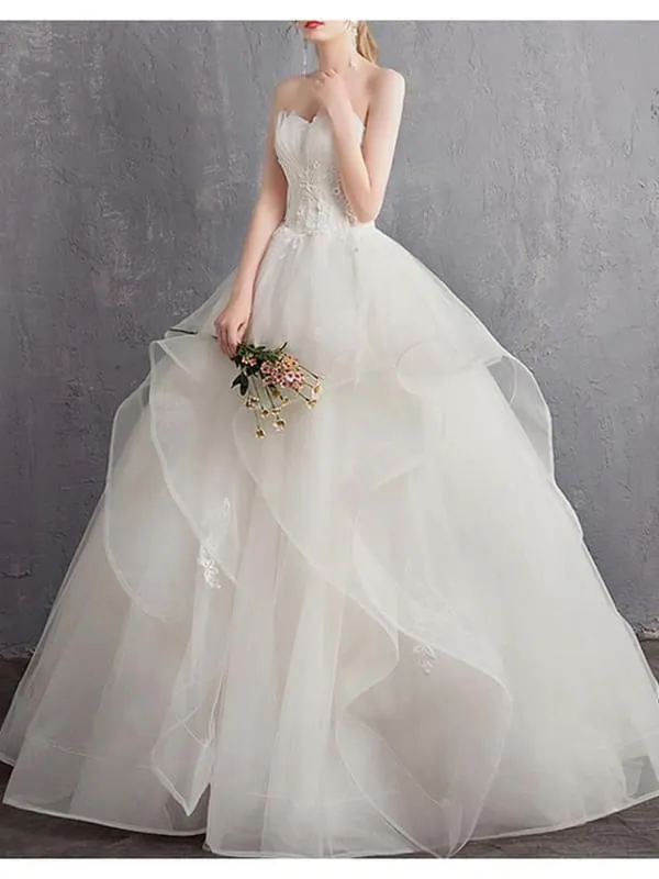 A-Line Wedding Dresses Strapless Floor Length Tulle Regular Straps