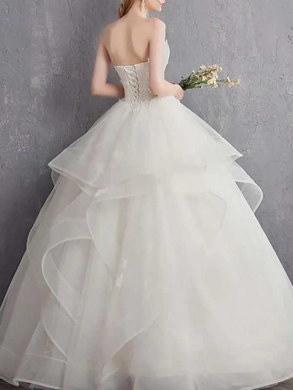 A-Line Wedding Dresses Strapless Floor Length Tulle Regular Straps