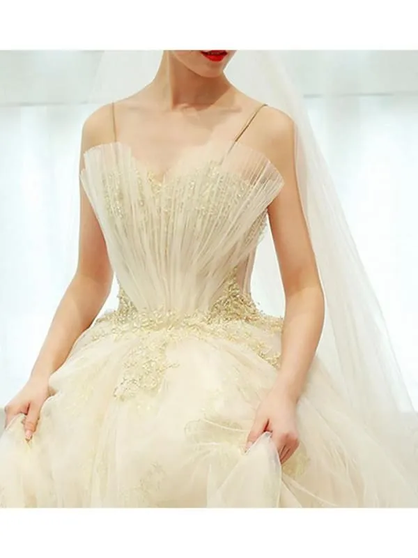 A-Line Wedding Dresses V Neck Cathedral Train Lace Spaghetti Strap