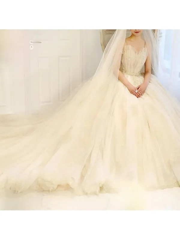 A-Line Wedding Dresses V Neck Cathedral Train Lace Spaghetti Strap