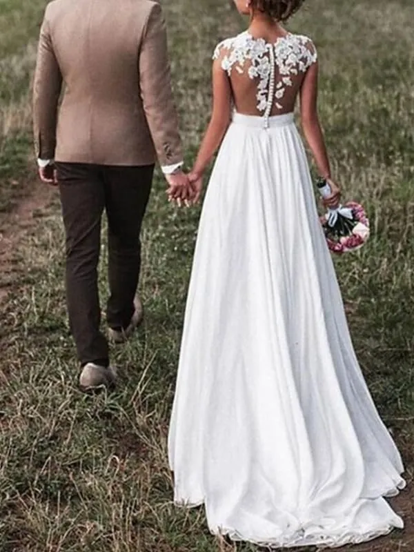 A-Line Wedding Dresses V Neck Sweep \ Brush Train Chiffon Lace Cap Sleeve