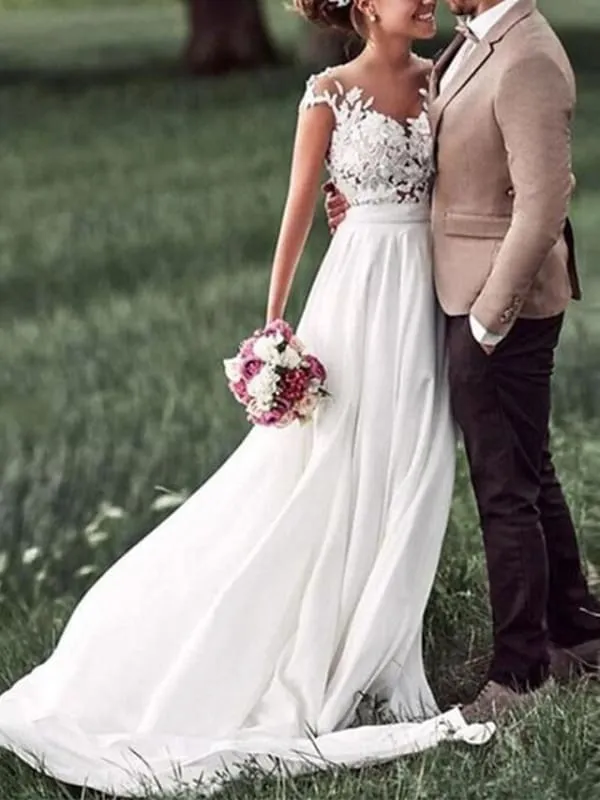A-Line Wedding Dresses V Neck Sweep \ Brush Train Chiffon Lace Cap Sleeve