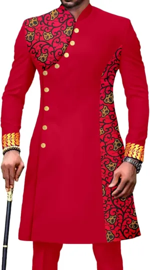 African Suit for Men Slim Fit Single Breasted Print Blazer and Pant 2 Piece Set Embroidery Wedding Attire