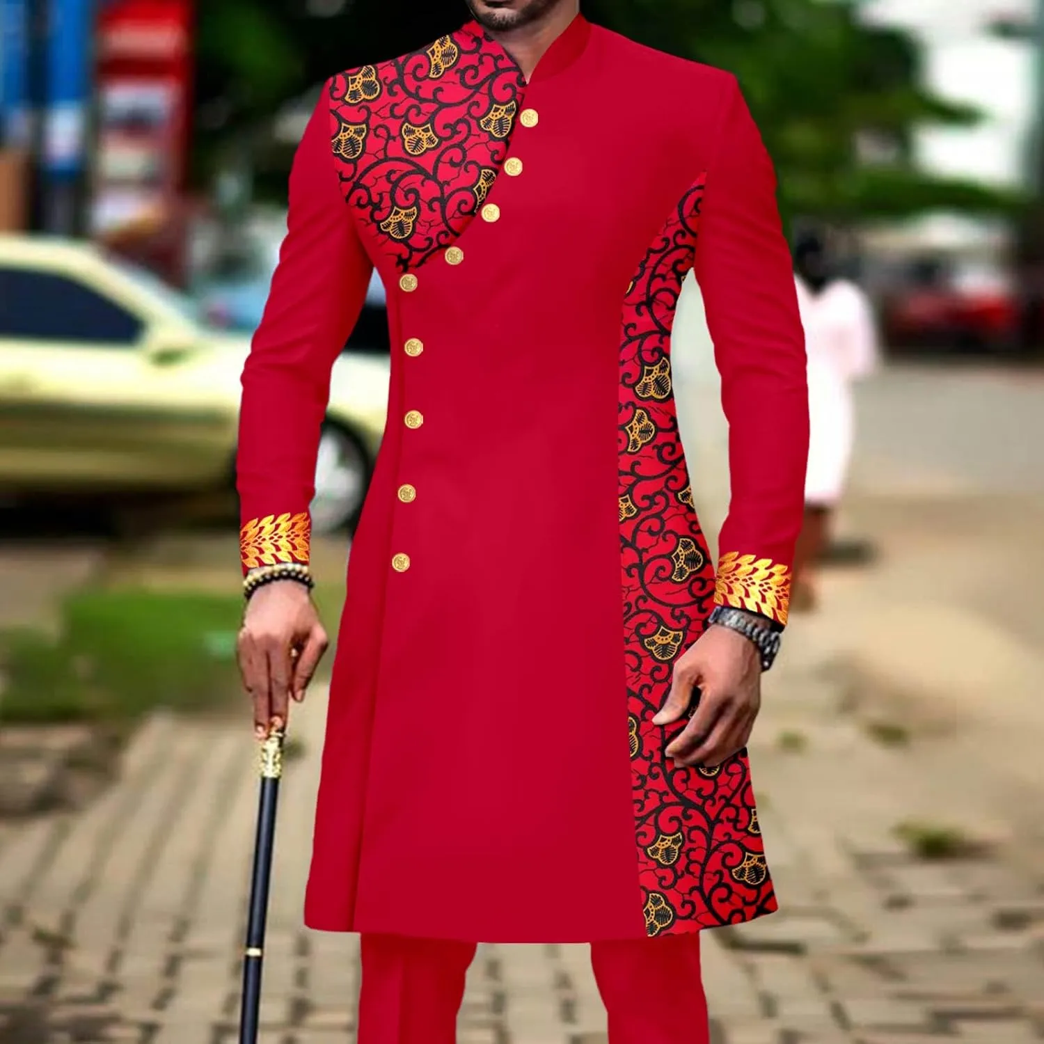 African Suit for Men Slim Fit Single Breasted Print Blazer and Pant 2 Piece Set Embroidery Wedding Attire