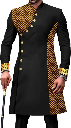 African Suit for Men Slim Fit Single Breasted Print Blazer and Pant 2 Piece Set Embroidery Wedding Attire
