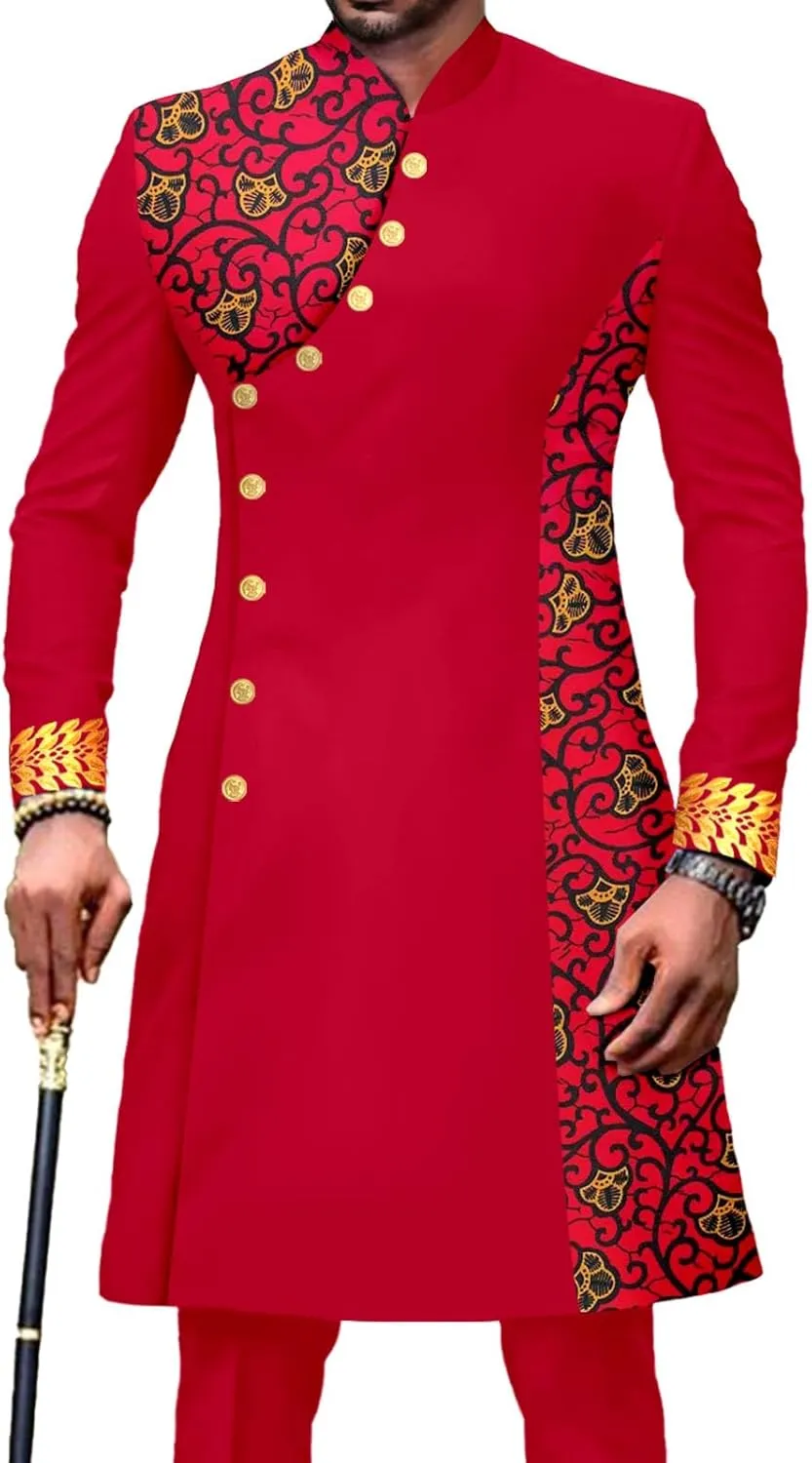African Suit for Men Slim Fit Single Breasted Print Blazer and Pant 2 Piece Set Embroidery Wedding Attire