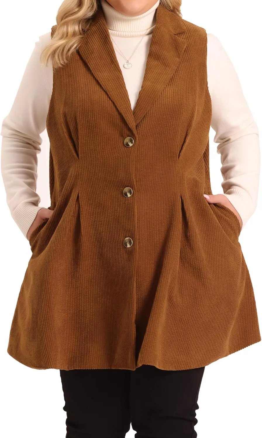 Agnes Orinda Plus Size Corduroy Vests for Women Lightweight Single Breasted Casual Sleeveless Vest Jacket