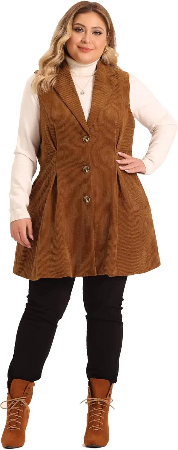 Agnes Orinda Plus Size Corduroy Vests for Women Lightweight Single Breasted Casual Sleeveless Vest Jacket