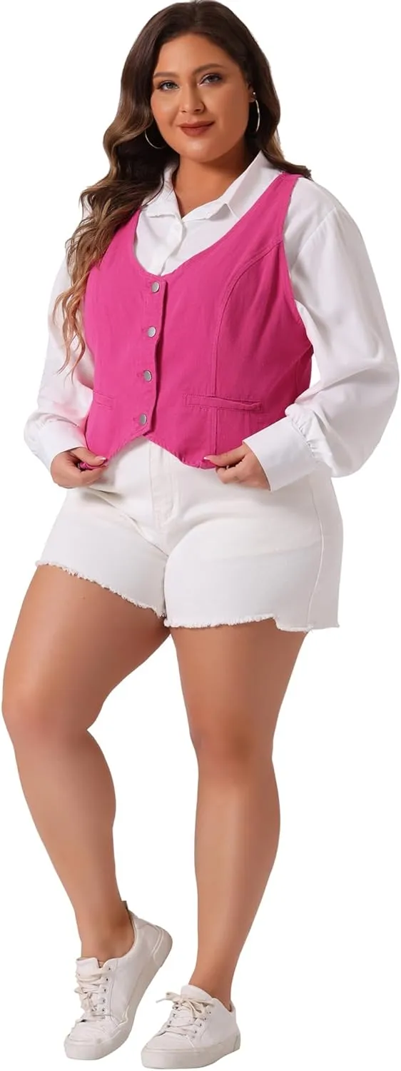 Agnes Orinda Plus Size Denim Vest for Women Jean Vests Top Button Down Waistcoat Casual Sleeveless Jacket