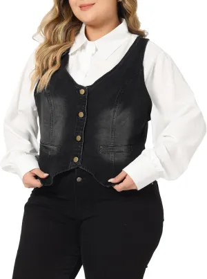 Agnes Orinda Plus Size Denim Vest for Women Jean Vests Top Button Down Waistcoat Casual Sleeveless Jacket