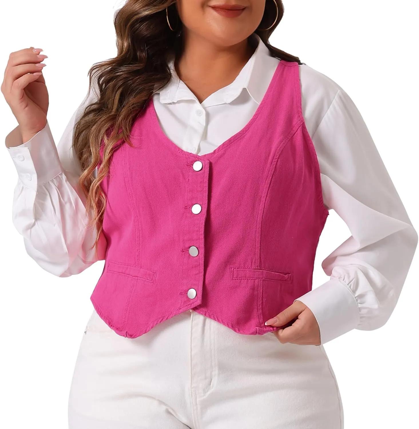 Agnes Orinda Plus Size Denim Vest for Women Jean Vests Top Button Down Waistcoat Casual Sleeveless Jacket