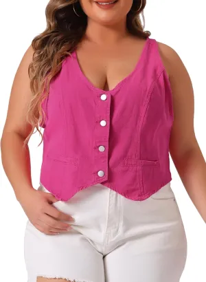 Agnes Orinda Plus Size Denim Vest for Women Jean Vests Top Button Down Waistcoat Casual Sleeveless Jacket