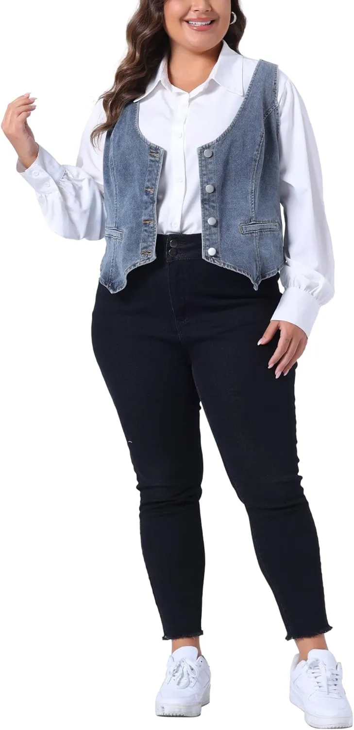 Agnes Orinda Plus Size Denim Vest for Women Jean Vests Top Button Down Waistcoat Casual Sleeveless Jacket