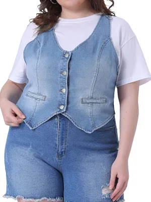 Agnes Orinda Plus Size Denim Vest for Women Jean Vests Top Button Down Waistcoat Casual Sleeveless Jacket