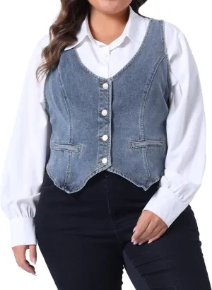 Agnes Orinda Plus Size Denim Vest for Women Jean Vests Top Button Down Waistcoat Casual Sleeveless Jacket