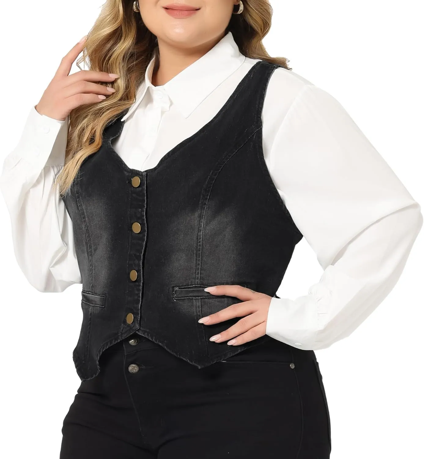 Agnes Orinda Plus Size Denim Vest for Women Jean Vests Top Button Down Waistcoat Casual Sleeveless Jacket
