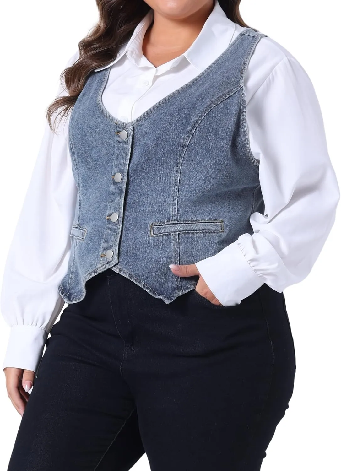 Agnes Orinda Plus Size Denim Vest for Women Jean Vests Top Button Down Waistcoat Casual Sleeveless Jacket