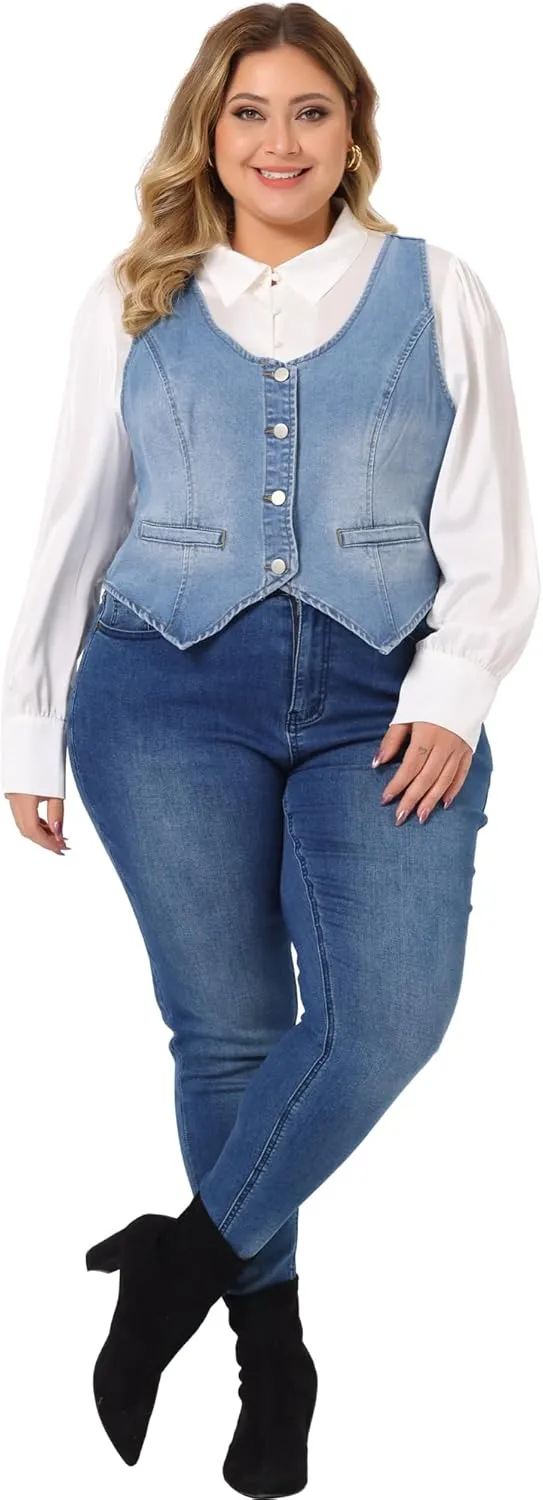 Agnes Orinda Plus Size Denim Vest for Women Jean Vests Top Button Down Waistcoat Casual Sleeveless Jacket
