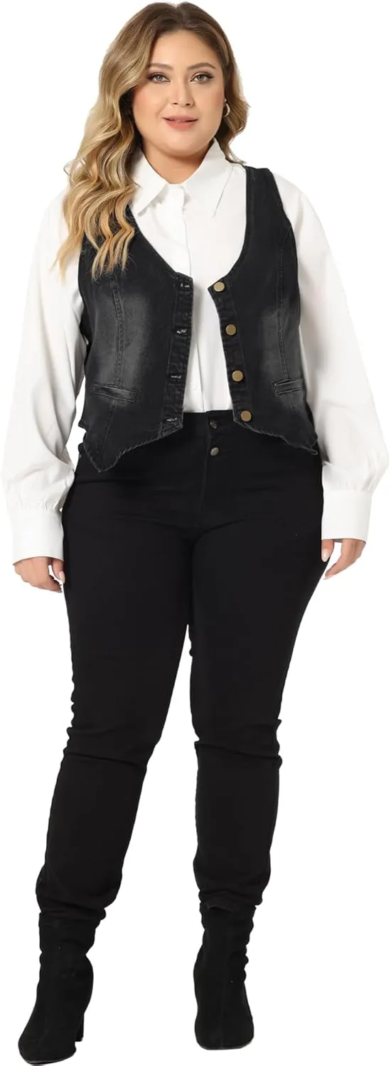 Agnes Orinda Plus Size Denim Vest for Women Jean Vests Top Button Down Waistcoat Casual Sleeveless Jacket