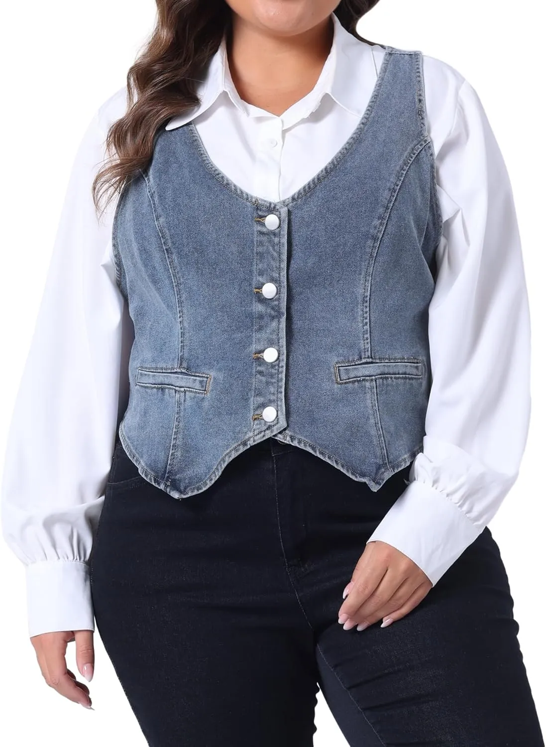 Agnes Orinda Plus Size Denim Vest for Women Jean Vests Top Button Down Waistcoat Casual Sleeveless Jacket