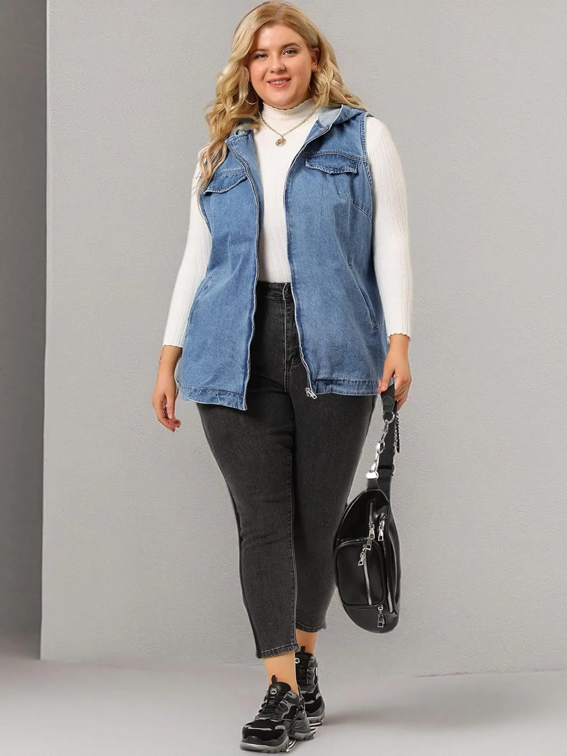 Agnes Orinda Plus Size Denim Vest for Women Sleeveless Lightweight Hoodie Utility 2023 Denim Jacket Vests