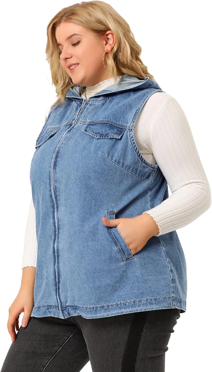 Agnes Orinda Plus Size Denim Vest for Women Sleeveless Lightweight Hoodie Utility 2023 Denim Jacket Vests