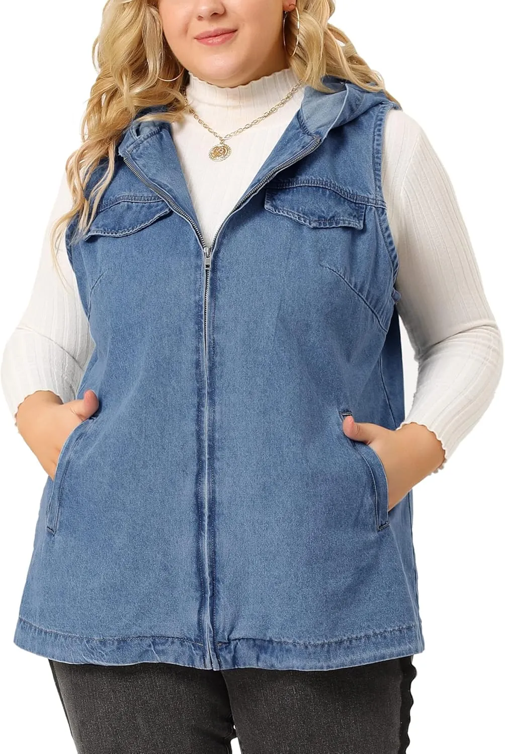 Agnes Orinda Plus Size Denim Vest for Women Sleeveless Lightweight Hoodie Utility 2023 Denim Jacket Vests