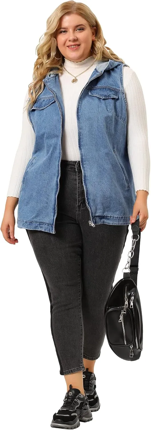 Agnes Orinda Plus Size Denim Vest for Women Sleeveless Lightweight Hoodie Utility 2023 Denim Jacket Vests