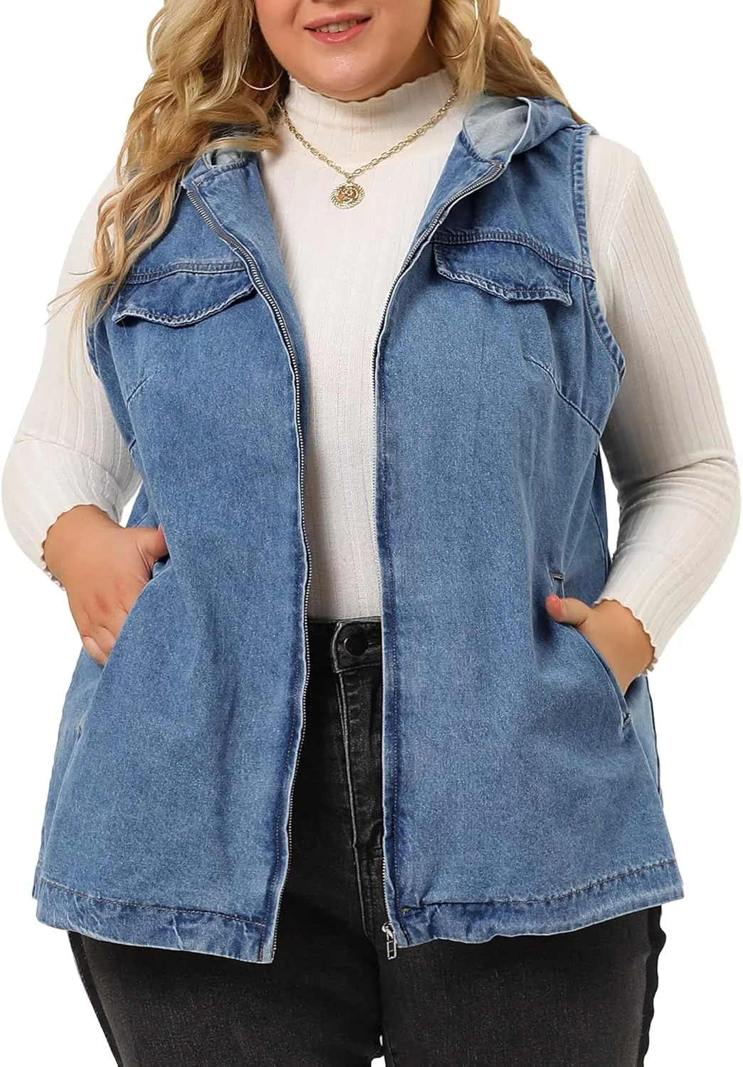 Agnes Orinda Plus Size Denim Vest for Women Sleeveless Lightweight Hoodie Utility 2023 Denim Jacket Vests