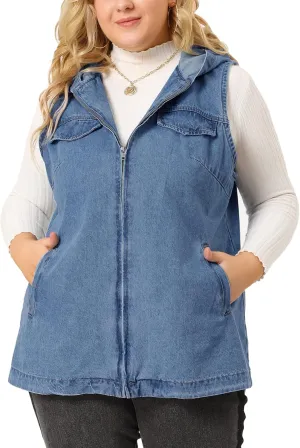 Agnes Orinda Plus Size Denim Vest for Women Sleeveless Lightweight Hoodie Utility 2023 Denim Jacket Vests