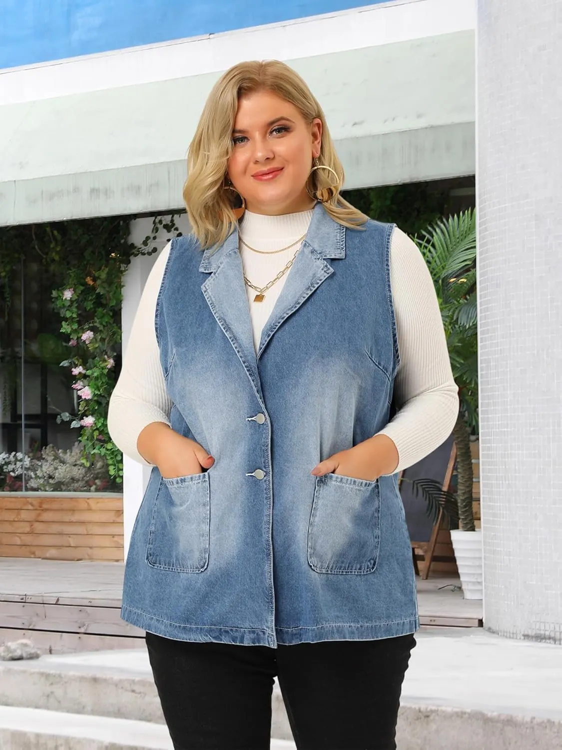 Agnes Orinda Plus Size Denim Vests for Women Dressy Sleeveless Lapel Casual Long Jean Jackets Tunic Vest