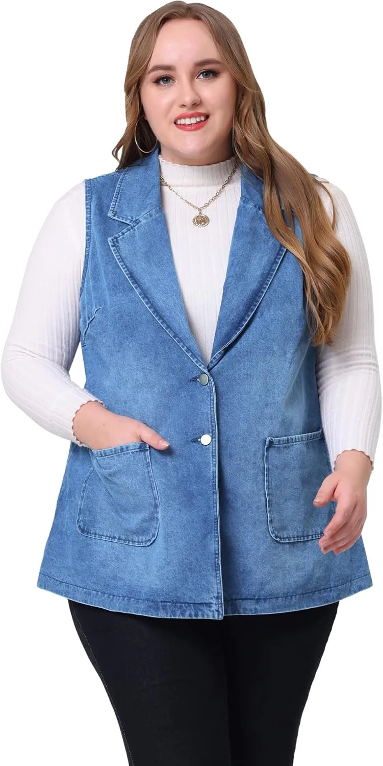 Agnes Orinda Plus Size Denim Vests for Women Dressy Sleeveless Lapel Casual Long Jean Jackets Tunic Vest