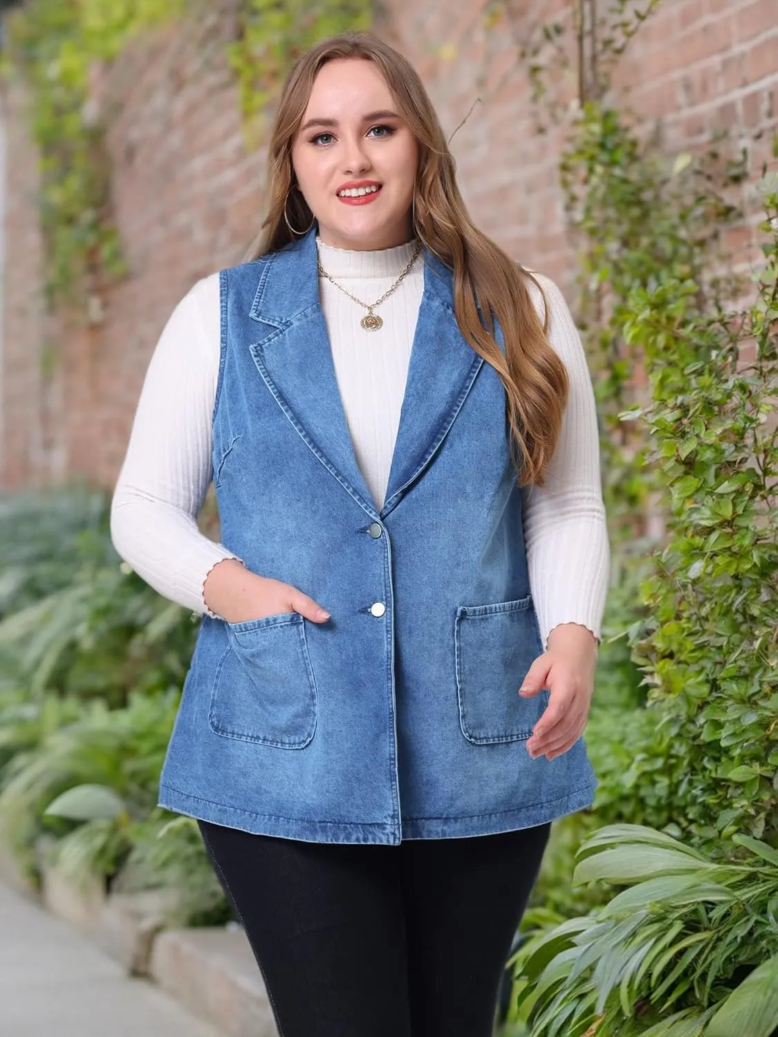 Agnes Orinda Plus Size Denim Vests for Women Dressy Sleeveless Lapel Casual Long Jean Jackets Tunic Vest