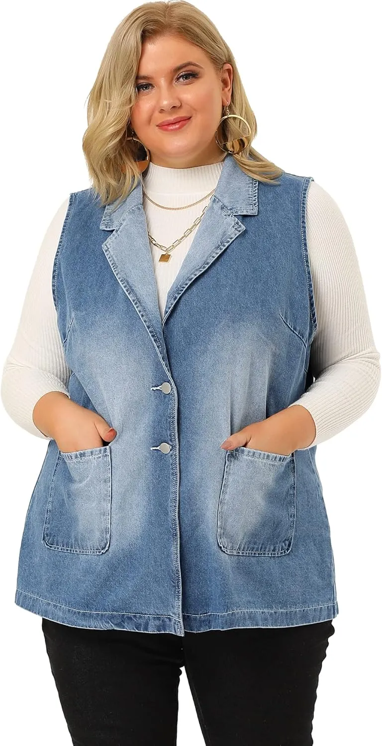 Agnes Orinda Plus Size Denim Vests for Women Dressy Sleeveless Lapel Casual Long Jean Jackets Tunic Vest