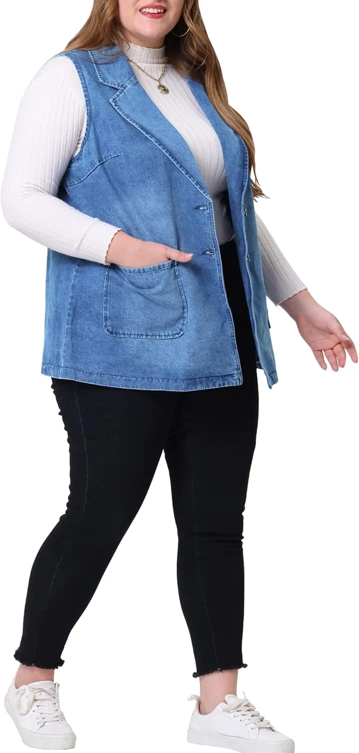 Agnes Orinda Plus Size Denim Vests for Women Dressy Sleeveless Lapel Casual Long Jean Jackets Tunic Vest