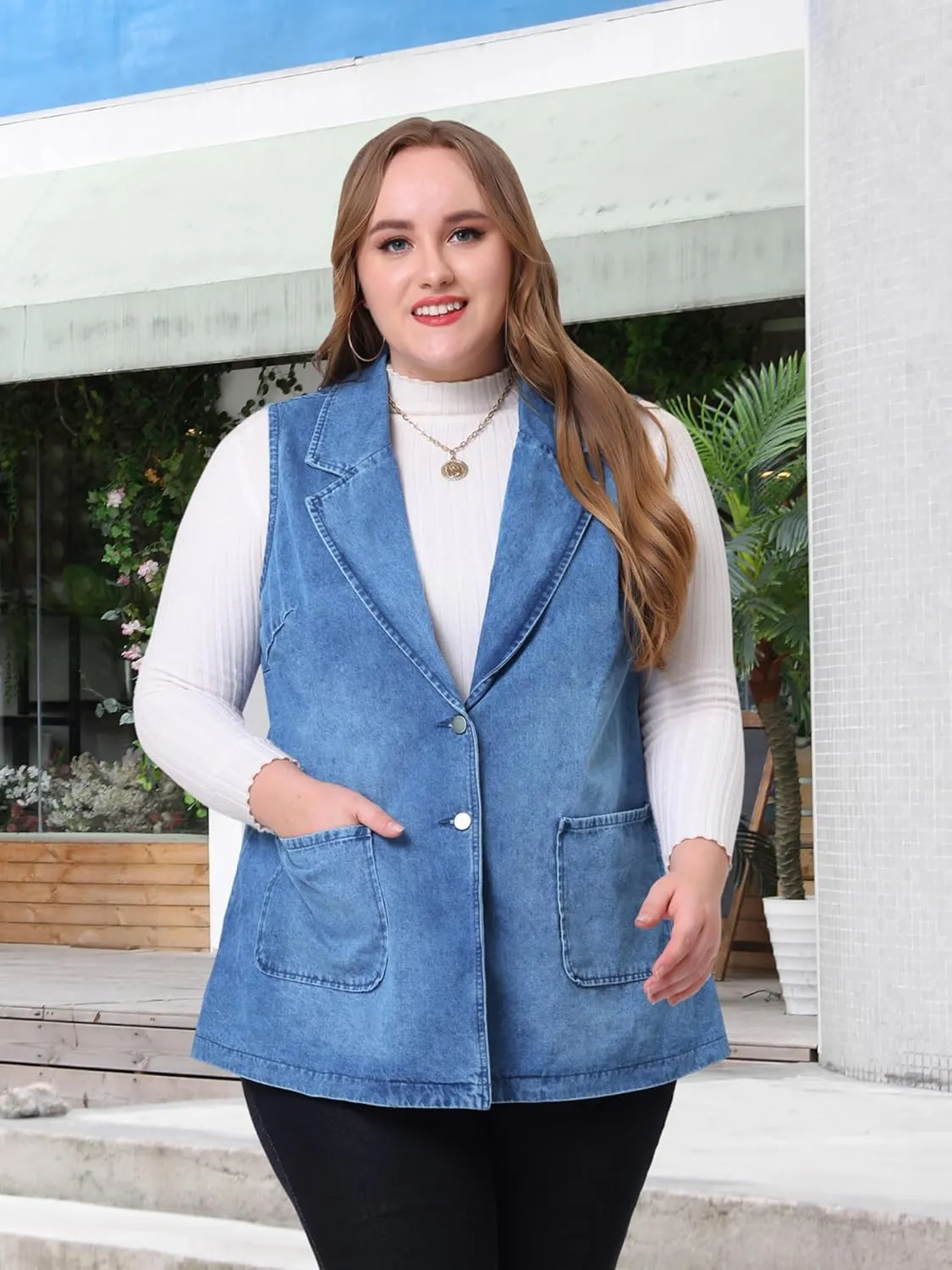 Agnes Orinda Plus Size Denim Vests for Women Dressy Sleeveless Lapel Casual Long Jean Jackets Tunic Vest
