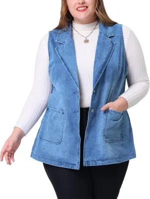 Agnes Orinda Plus Size Denim Vests for Women Dressy Sleeveless Lapel Casual Long Jean Jackets Tunic Vest