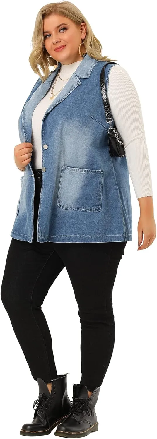 Agnes Orinda Plus Size Denim Vests for Women Dressy Sleeveless Lapel Casual Long Jean Jackets Tunic Vest