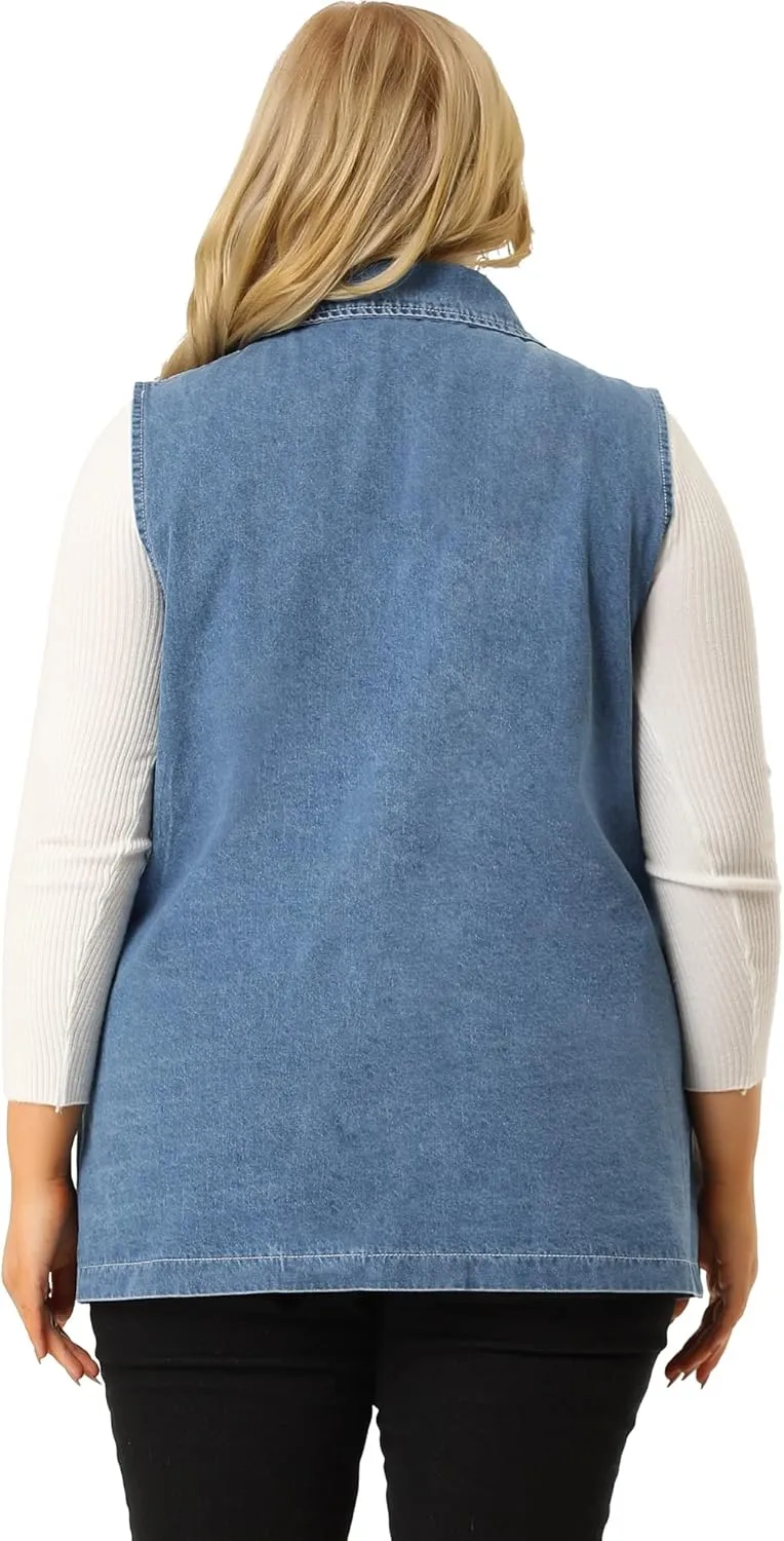 Agnes Orinda Plus Size Denim Vests for Women Dressy Sleeveless Lapel Casual Long Jean Jackets Tunic Vest