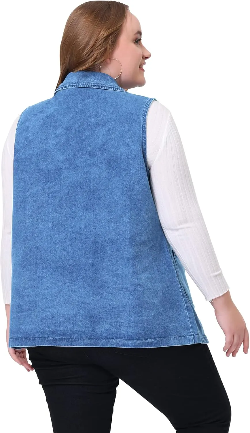 Agnes Orinda Plus Size Denim Vests for Women Dressy Sleeveless Lapel Casual Long Jean Jackets Tunic Vest