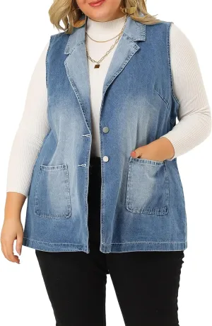 Agnes Orinda Plus Size Denim Vests for Women Dressy Sleeveless Lapel Casual Long Jean Jackets Tunic Vest
