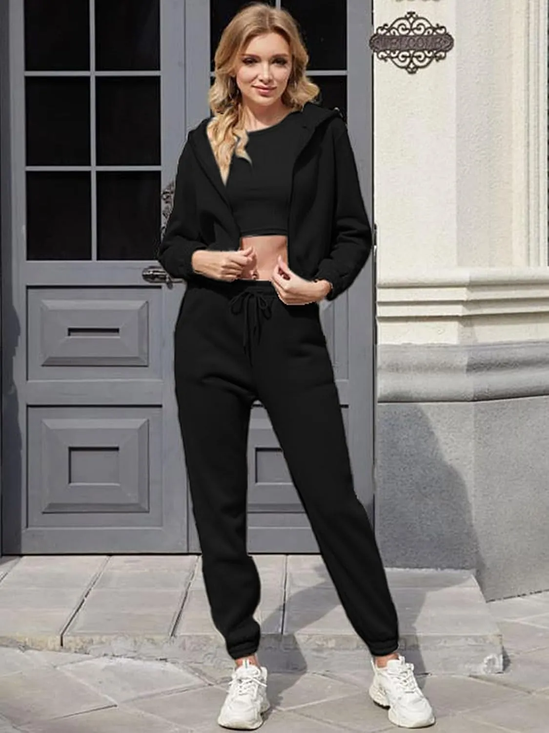 Akmipoem Sweatsuits for Women Set 3 Piece Outfits Zip Up Hoodie Sweatshirt Crop Tank Top Jogger Sweatpants Tracksuit