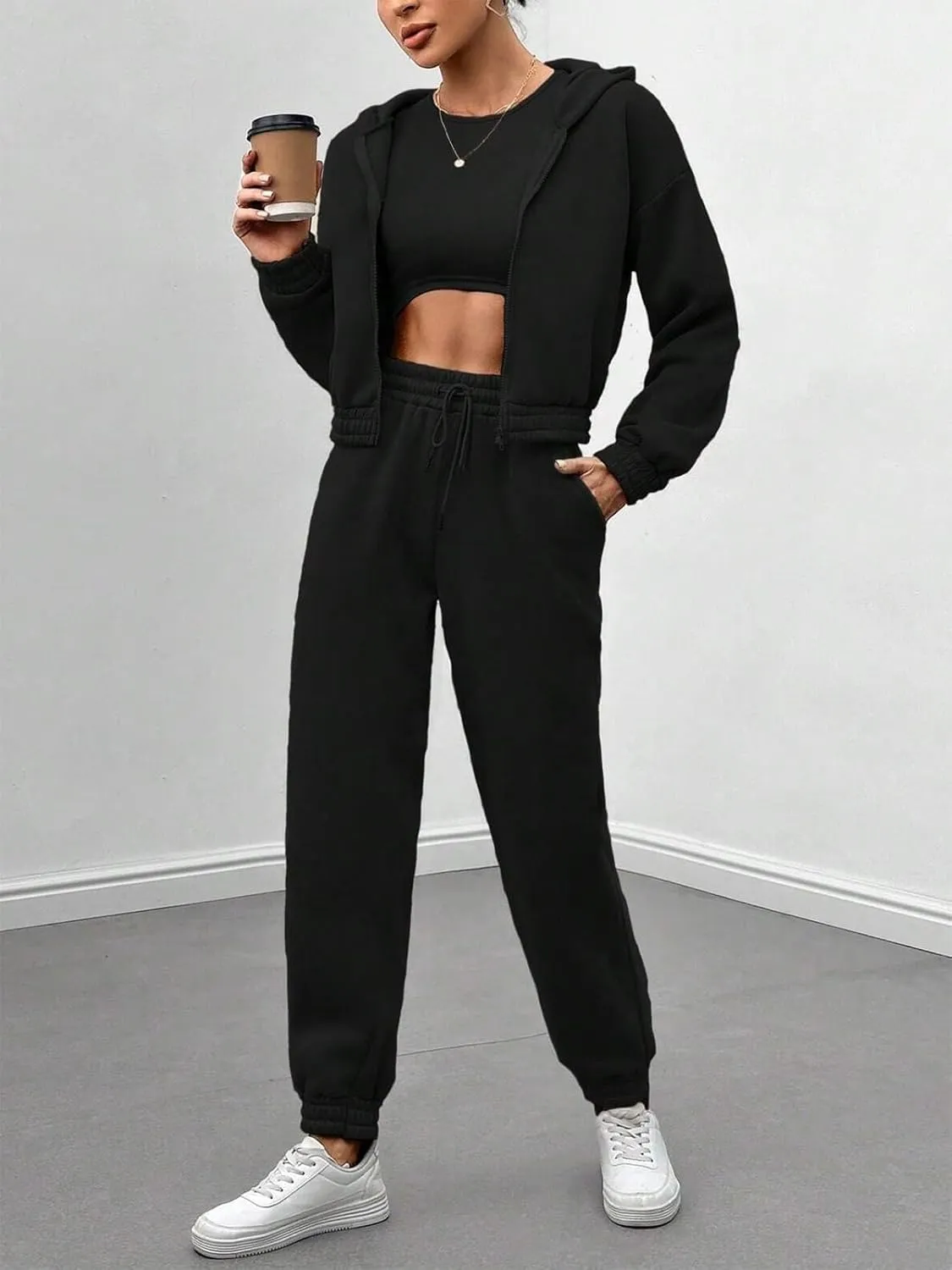 Akmipoem Sweatsuits for Women Set 3 Piece Outfits Zip Up Hoodie Sweatshirt Crop Tank Top Jogger Sweatpants Tracksuit