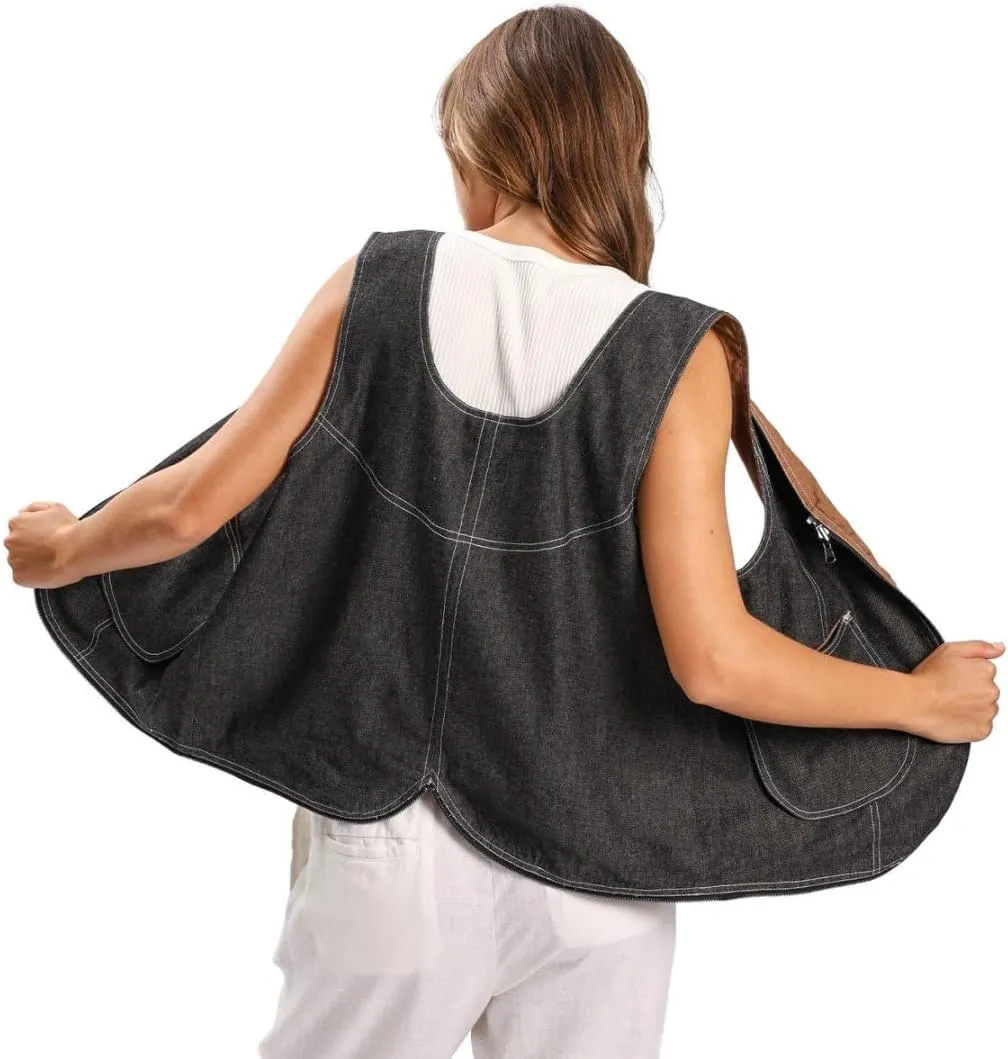 Amazhiyu Women's Linen Denim Zip-up Waistcoat Sleeveless Tops Dual-use Hobo Bag