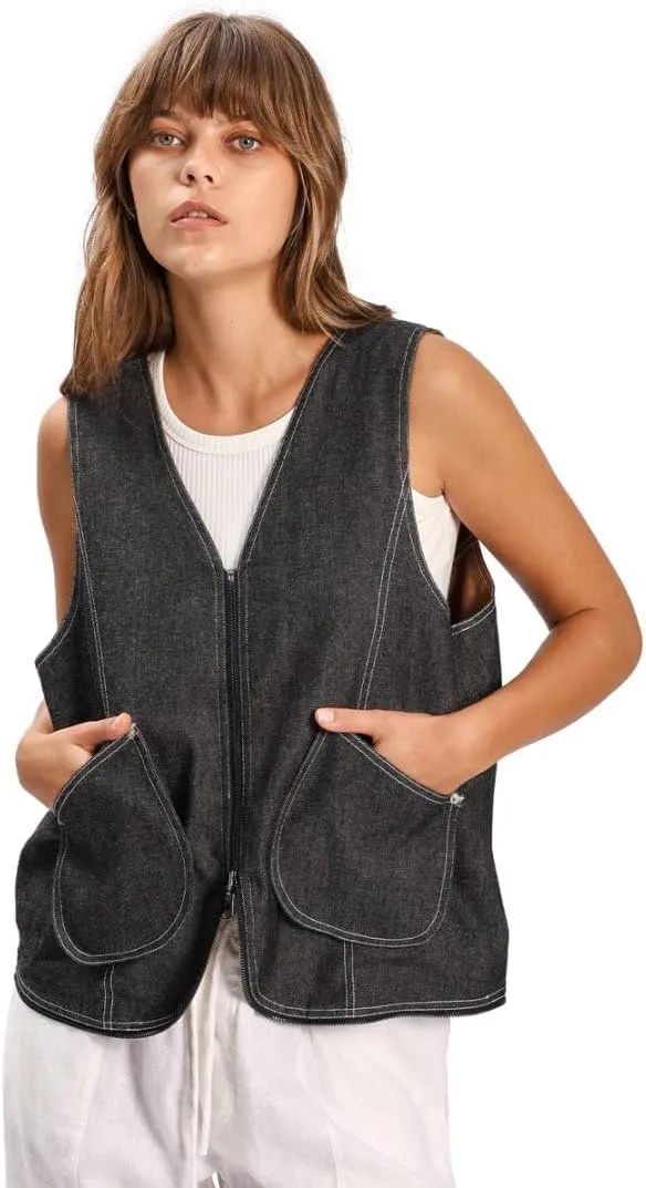 Amazhiyu Women's Linen Denim Zip-up Waistcoat Sleeveless Tops Dual-use Hobo Bag