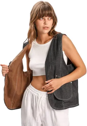 Amazhiyu Women's Linen Denim Zip-up Waistcoat Sleeveless Tops Dual-use Hobo Bag