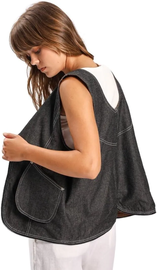 Amazhiyu Women's Linen Denim Zip-up Waistcoat Sleeveless Tops Dual-use Hobo Bag