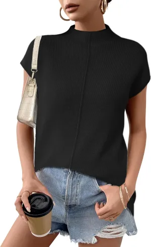 Anbech Women's Mock Neck Sleeveless Sweater Vest Cap Sleeve Knit Summer Tank Tops