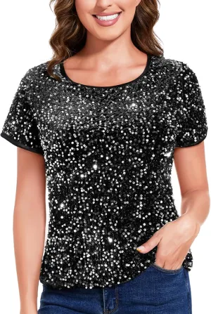 Anna-Kaci Women's Sparkly Sequin Velvet Tops Short Sleeve Crew Neck Shirt Party Club Blouse